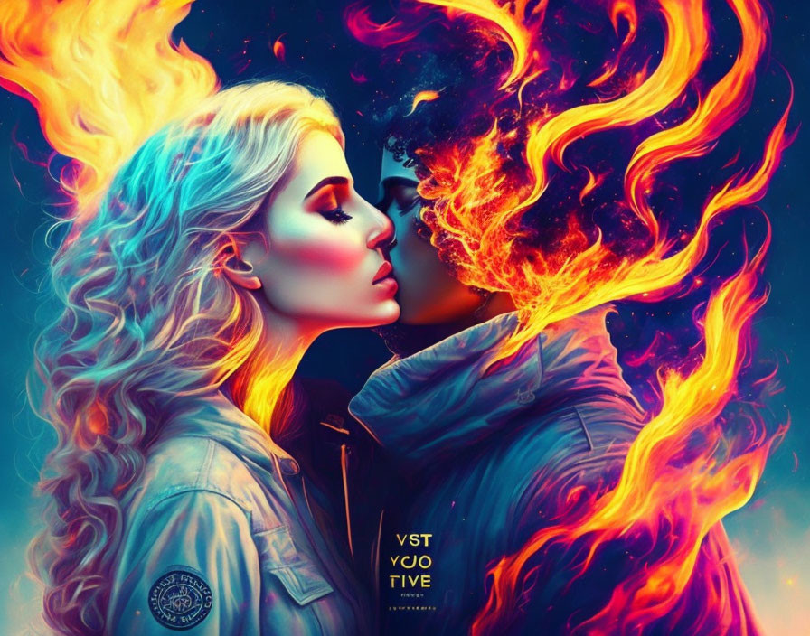 Vibrant digital artwork of man and woman with fiery hair