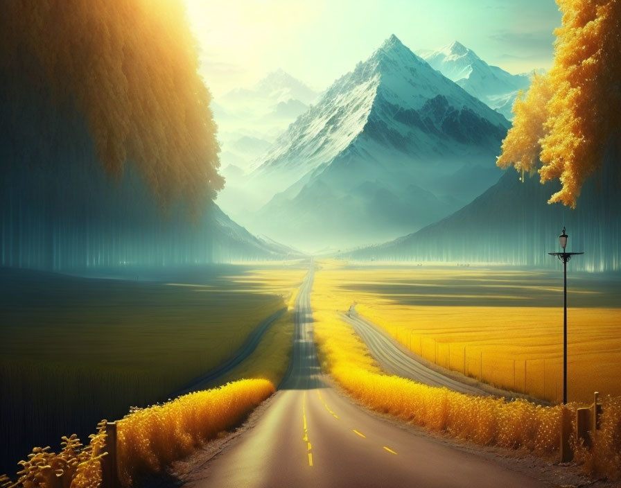 Scenic road with snow-capped mountains, golden fields, autumn trees, fog, and sunlight