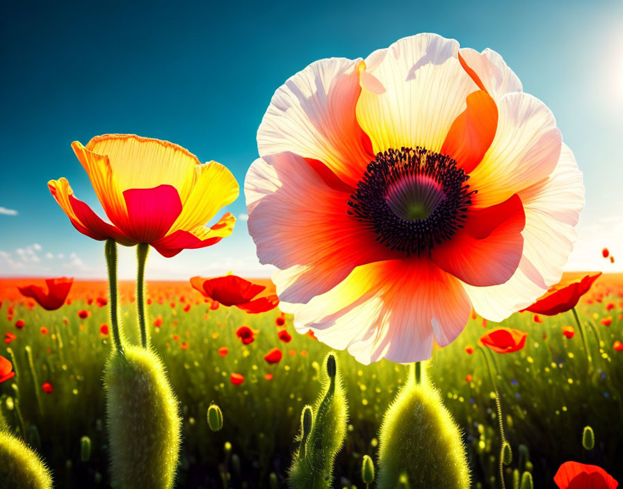 Vivid red poppy field under clear blue sky with detailed close-up.