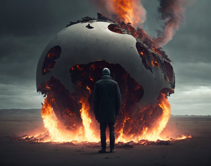 Person standing before massive fiery sphere under gloomy sky