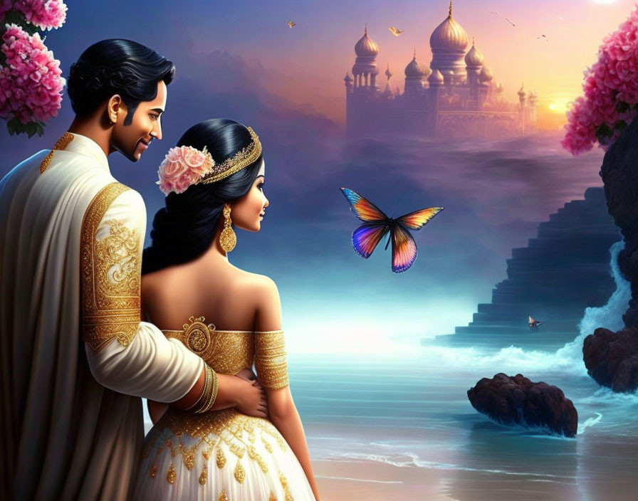 Illustrated couple in traditional Indian attire at scenic beach with palace, trees, and butterfly