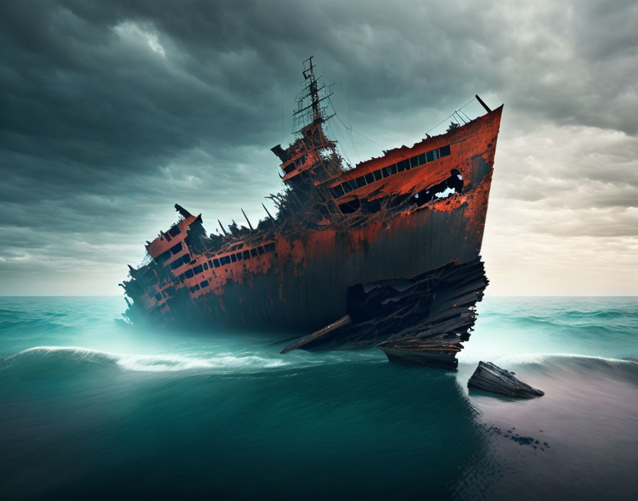 Rusted shipwreck in turbulent sea under stormy sky