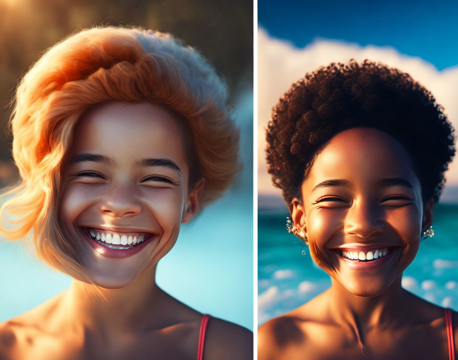 Two portraits of a joyful woman with a big smile, one exaggerated and the other normal, set against