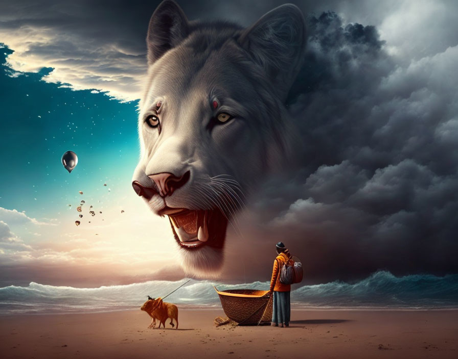 Surreal artwork: giant wolf head, man with umbrella, dog by boat, stormy skies