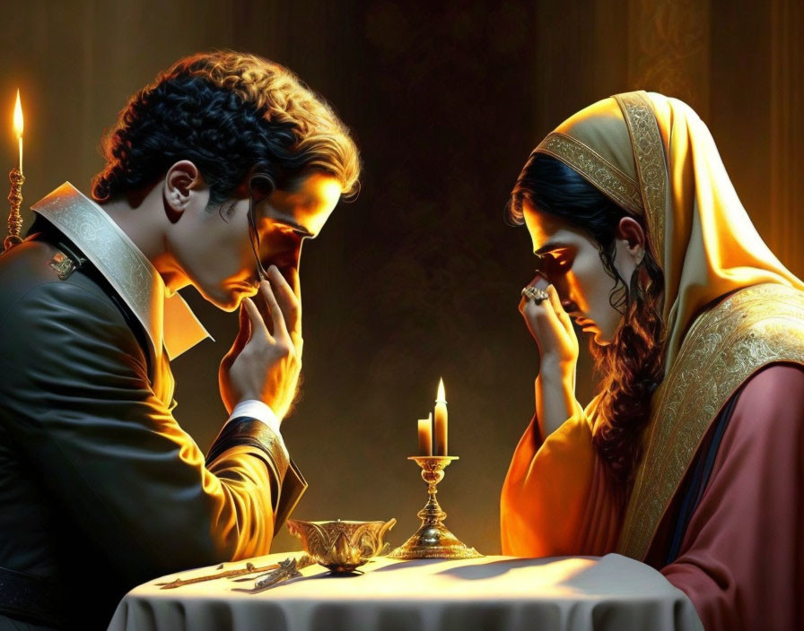 Pensive male and female figures in historical attire with a lit candle on warm golden backdrop