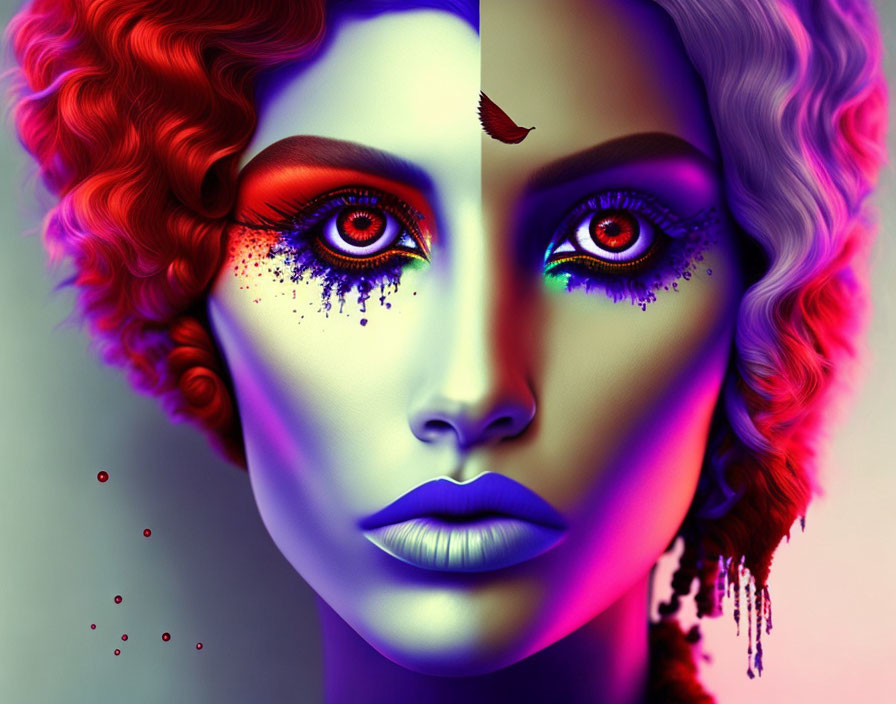 Symmetrical female face in warm red and cool blue with dramatic makeup and leaf tear