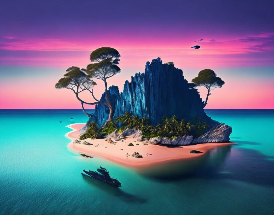 Surreal landscape: mountainous island, turquoise waters, purple and pink sky