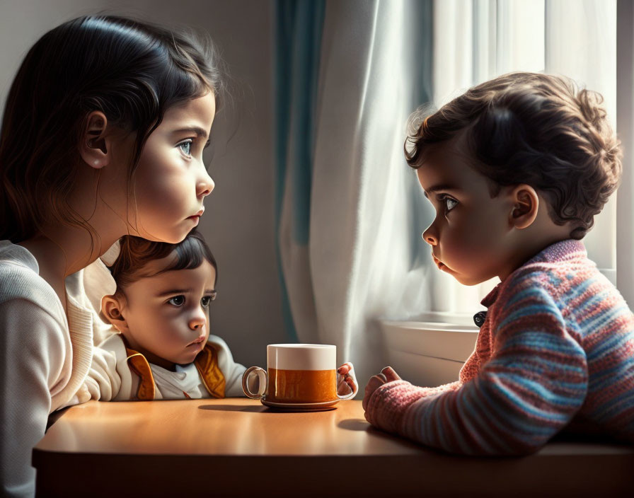 Children gazing out of window with warm cup on windowsill