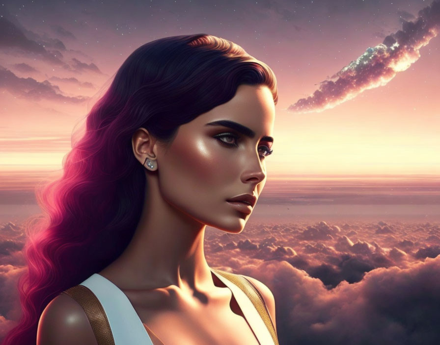 Surreal digital artwork of a woman with pink hair against sunset sky