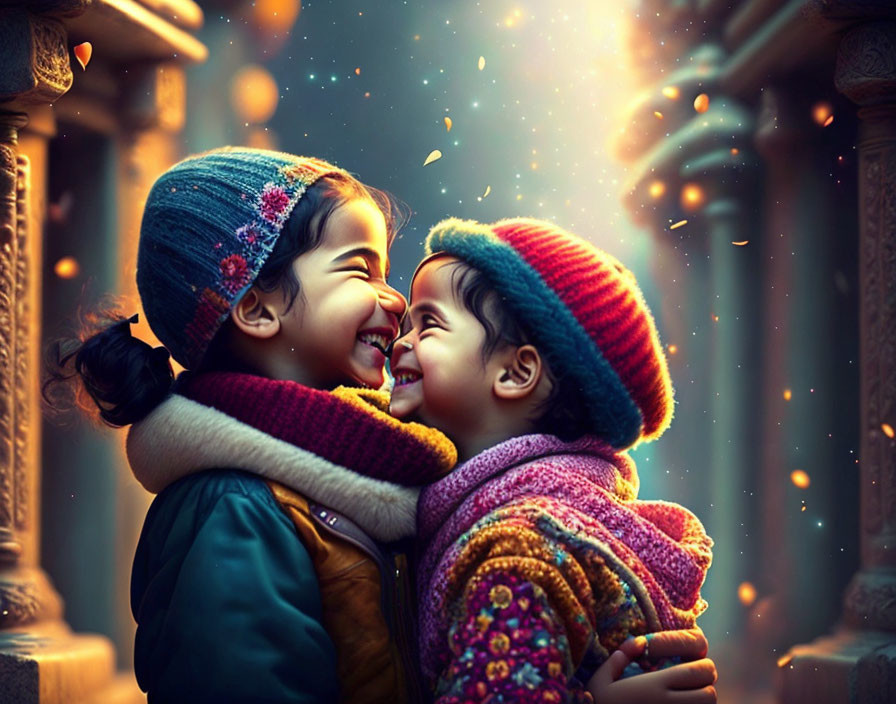 Colorful Winter Attire: Joyful Children Hugging in Magical Setting