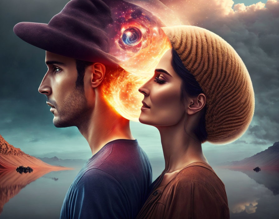 Man and woman profiles merge with cosmic galaxy hats in surreal desert scene