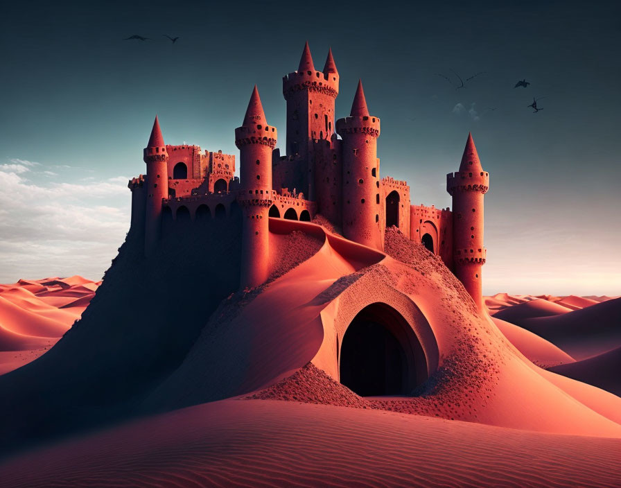 Majestic sand castle with spires in desert dunes at twilight