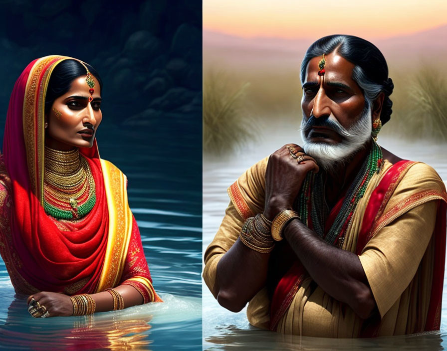 Digital artwork: Woman in Indian attire & contemplative man against serene backgrounds