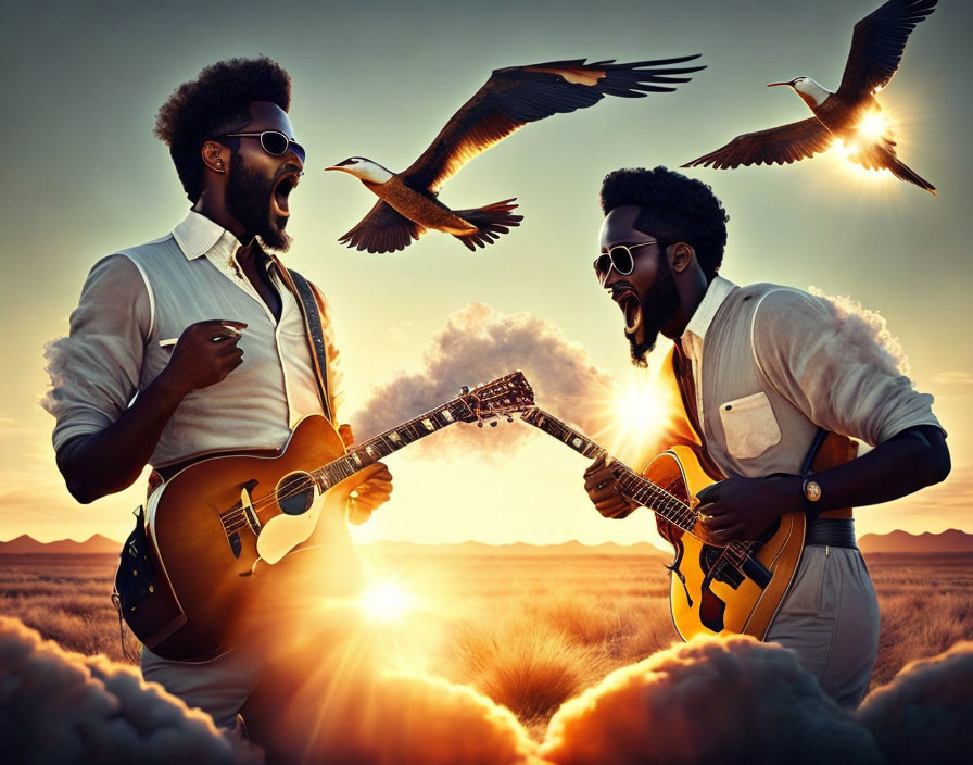 Two men playing guitars under sunrise with flying birds