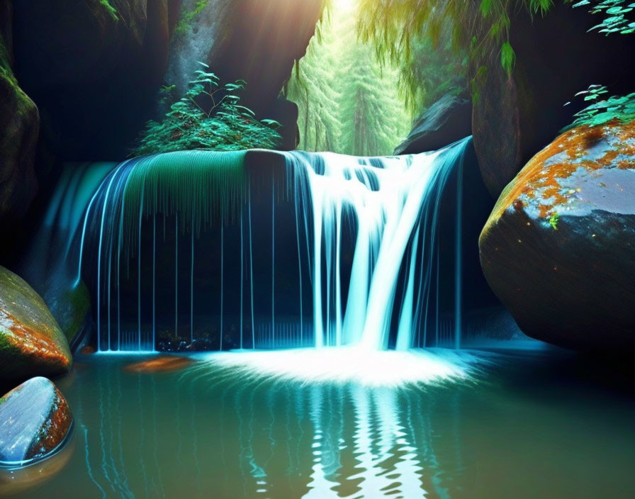 Tranquil Waterfall in Green Forest with Blue Cascading Water