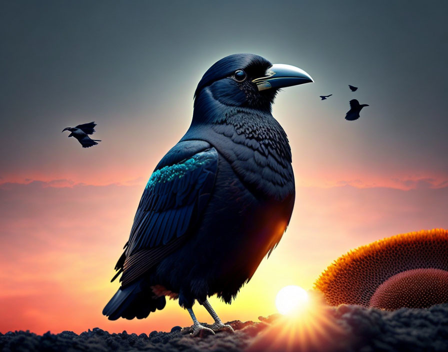 Iridescent raven at sunrise with silhouetted birds and sunflowers