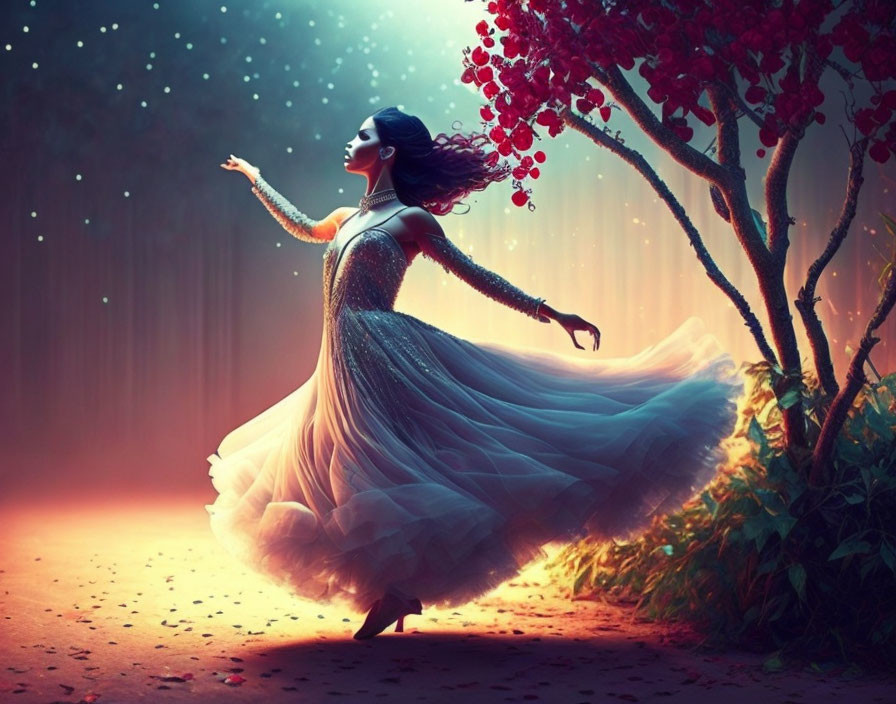 Woman twirling in elegant dress under red tree with mystical ambiance.