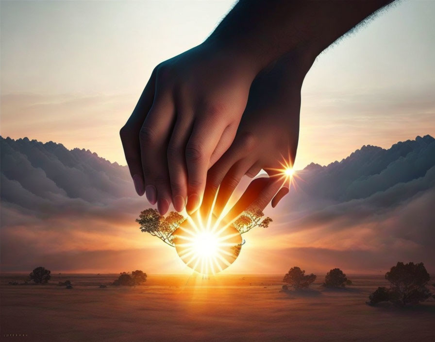 Close-up of person's hands merging with sunrise landscape scene on savannah.