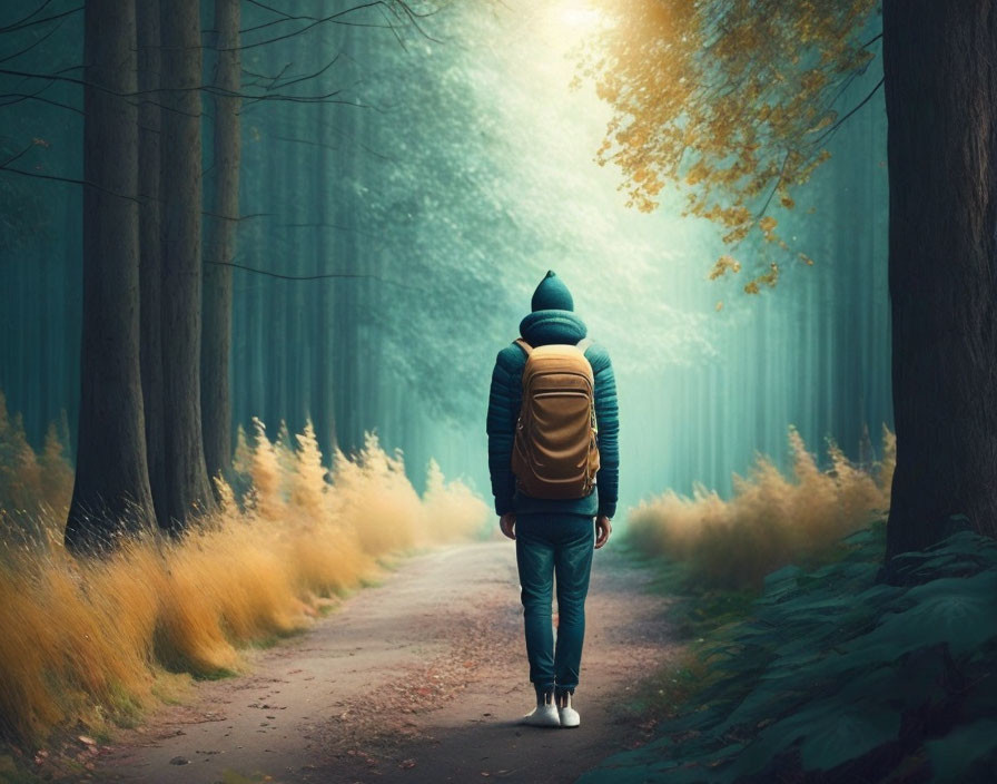 Person with beanie and backpack walking on forest path among tall trees and golden foliage.