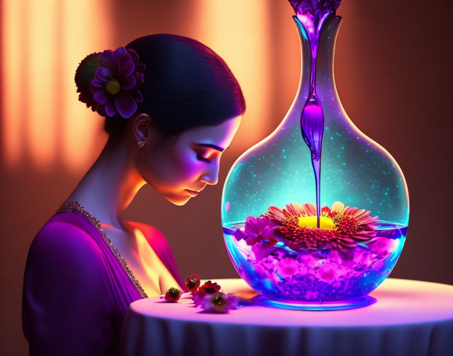 Woman admires glowing flower-filled glass vase in cosmic light.