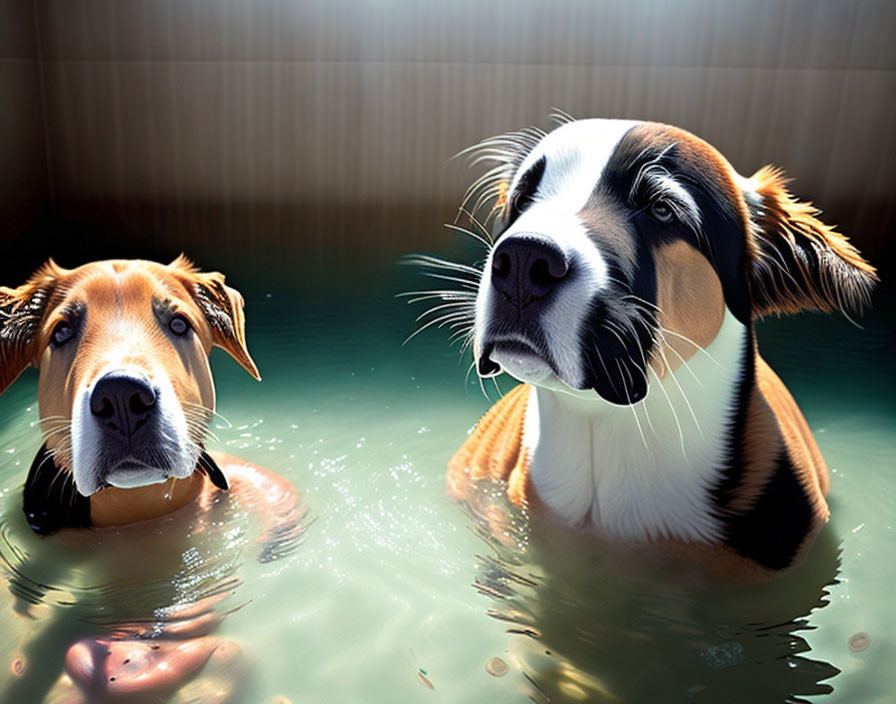 Two swimming dogs with lifebuoys, one making eye contact calmly.