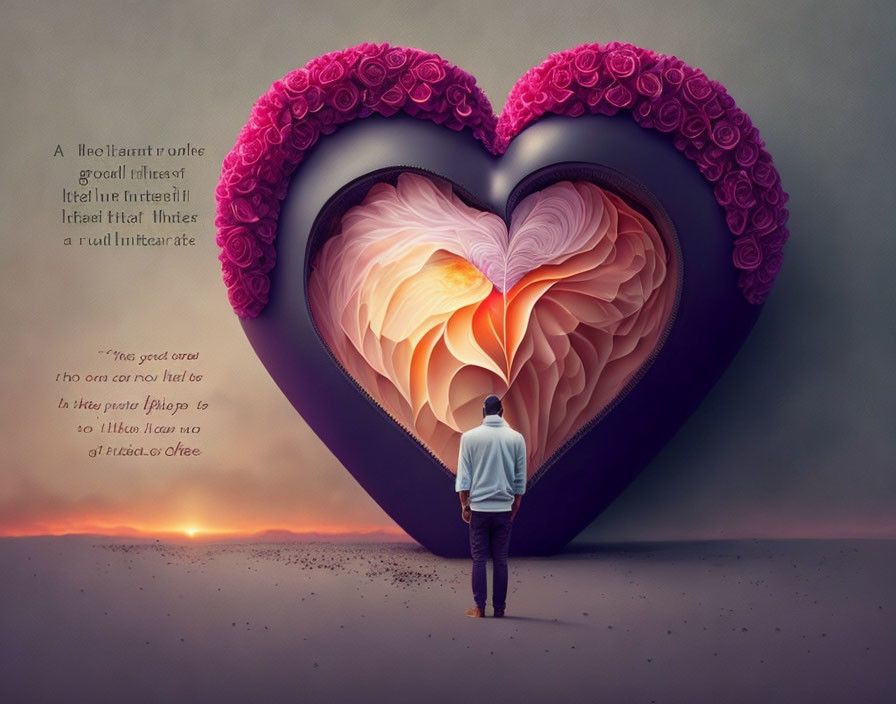 Person standing before heart-shaped opening with paper layers and rose petals against dusk sky backdrop.