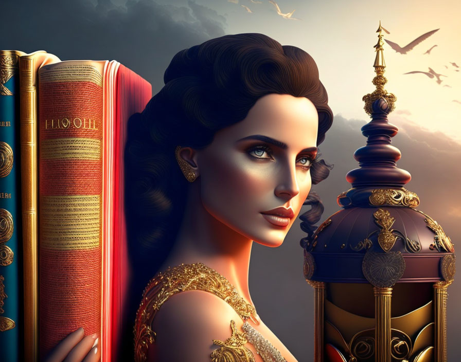 Fantasy-themed digital artwork of a woman with books, lantern, and seagull.