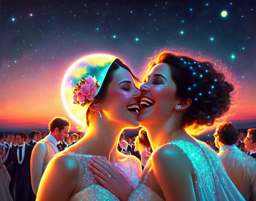 Two women in sparkling dresses under starry sky with festive crowd