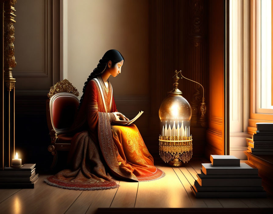 Traditional attire woman reading book by sunlit window with antique lamp and stacks of books.