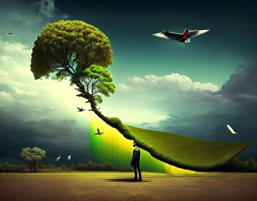 Surreal landscape with man under tree, birds, dramatic backdrop