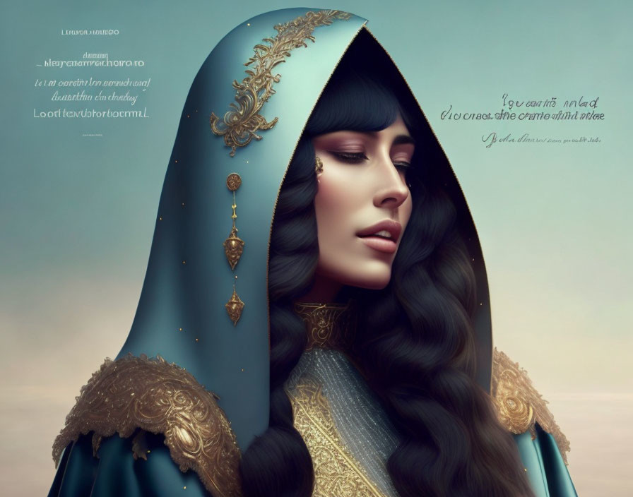 Digital Artwork: Woman in Blue Cloak with Dark Hair