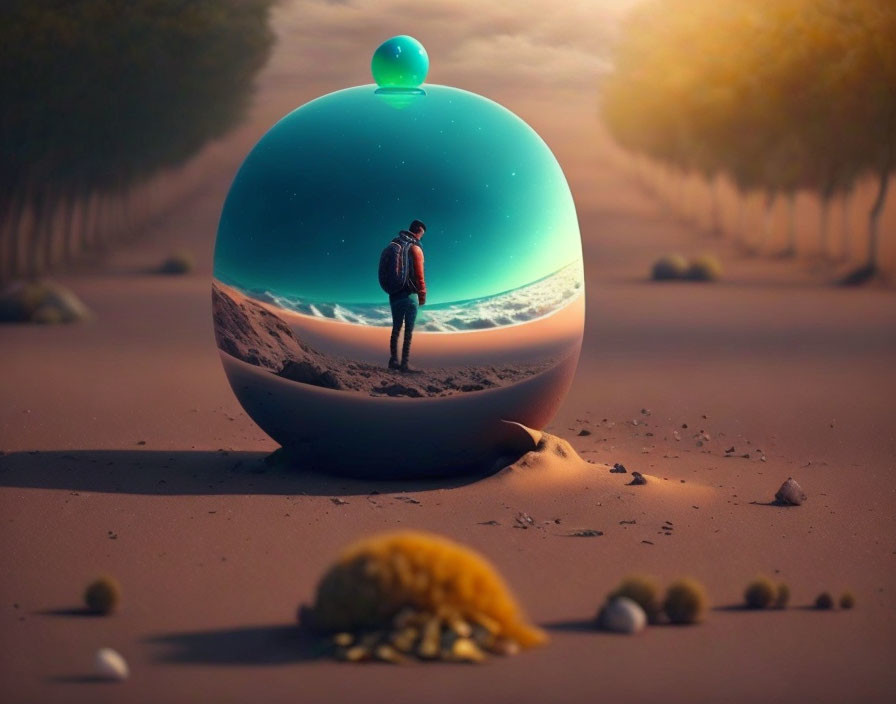 Fantastical glossy sphere reflecting different landscapes in desert twilight