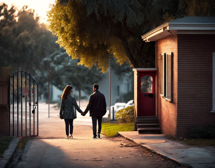 Couple walking hand in hand on serene street at sunset