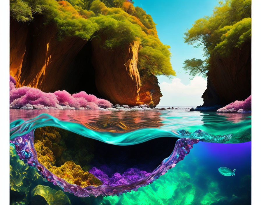 Colorful Trees and Coral Reefs in Vibrant Cove Scene