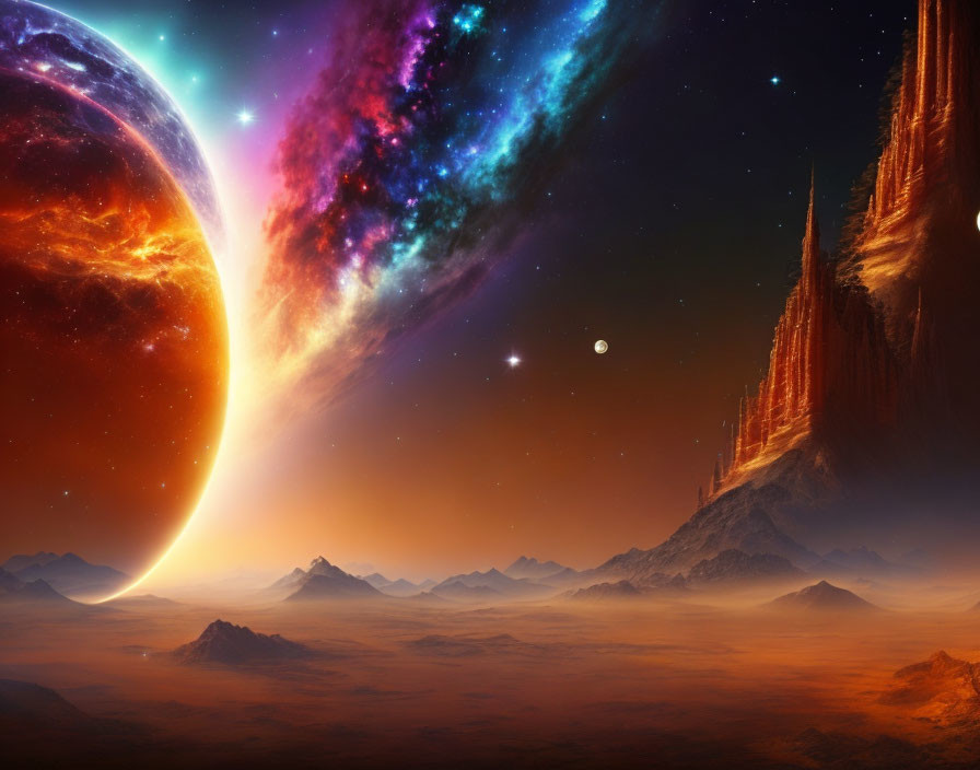 Colorful alien planet with giant moon and nebulae in space