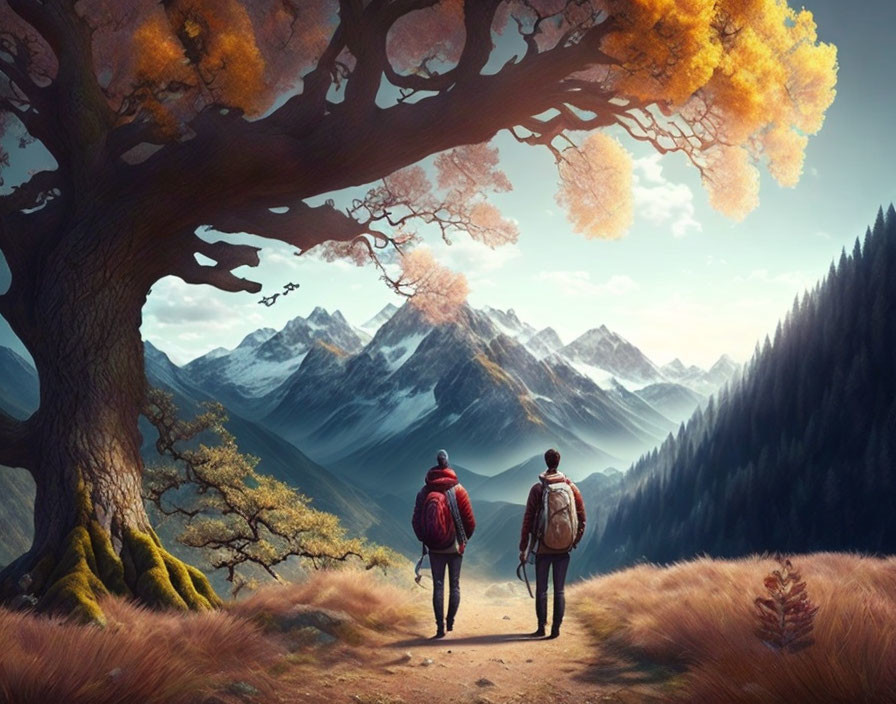 Hikers with backpacks near autumn tree and mountains