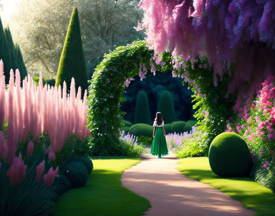 Woman in green dress surrounded by lush garden plants