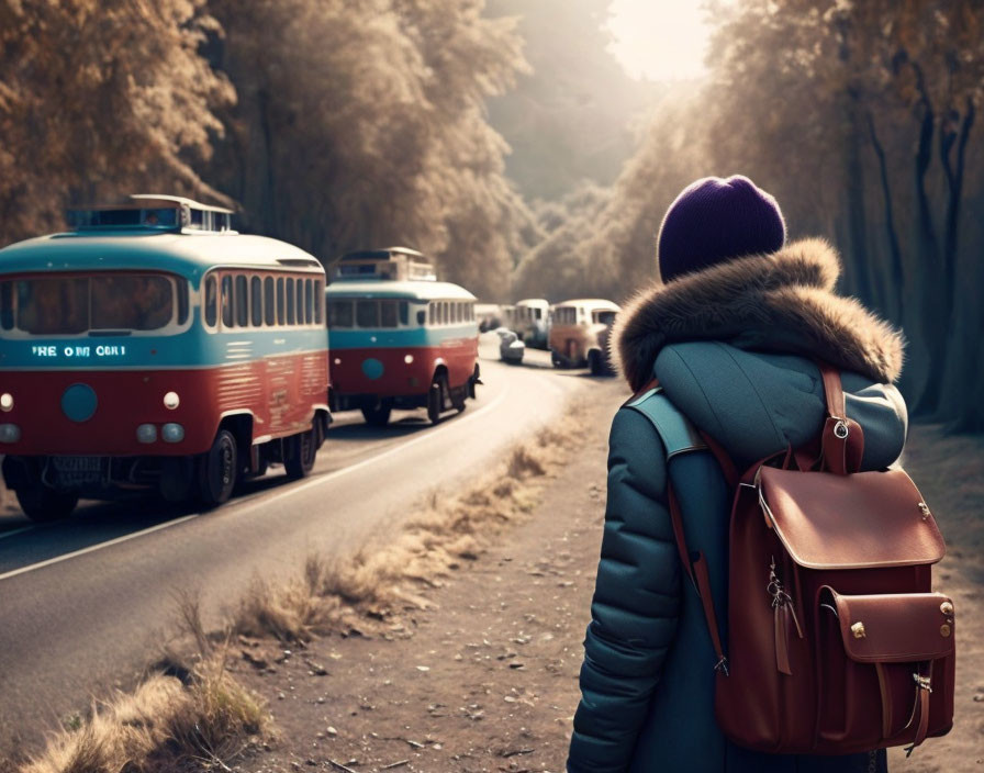 Backpacker watching vintage buses on forest road in autumn