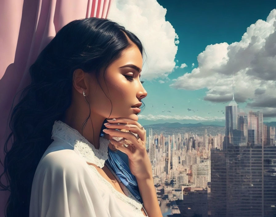 Woman gazing at cityscape with fluffy clouds and flowing dark hair