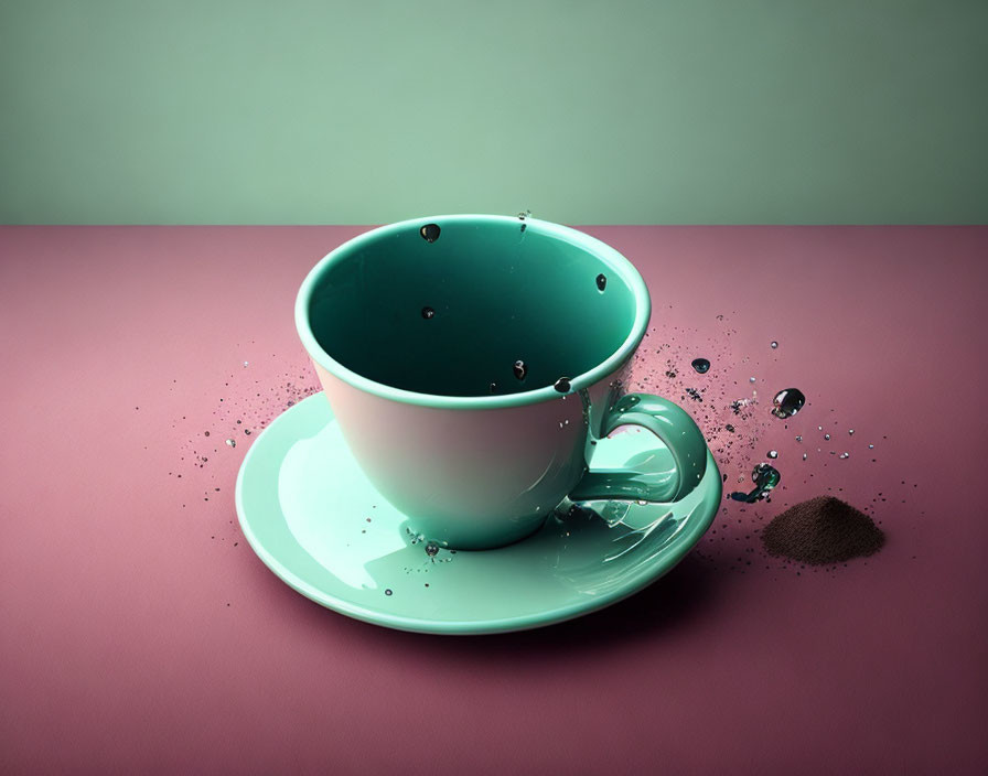 Turquoise cup with liquid splash on saucer against pink background.