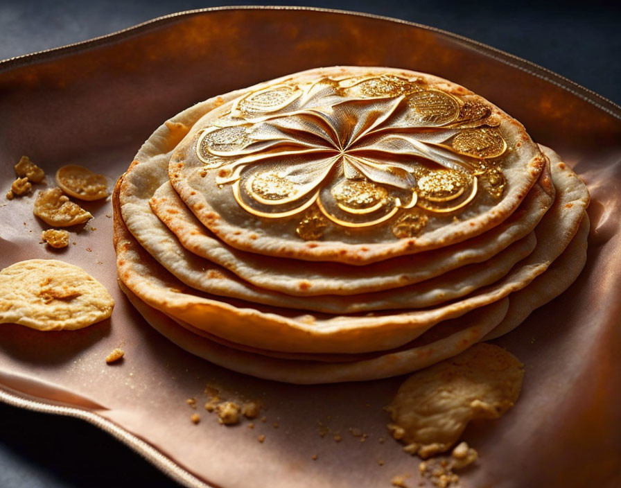 Golden-brown Pancakes with Intricate Symmetrical Pattern on Bronze Plate