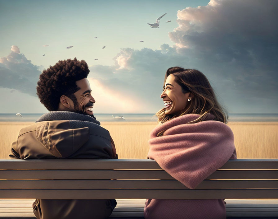 Joyful moment on beach bench with sunset backdrop and birds in sky