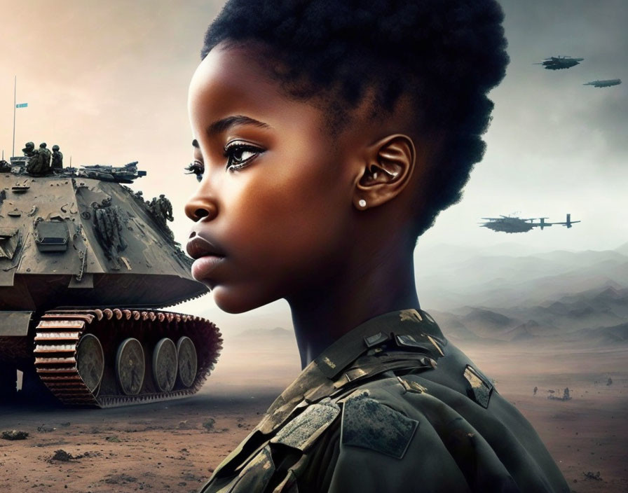 Young girl in military attire on desert battlefield with tanks and flying craft