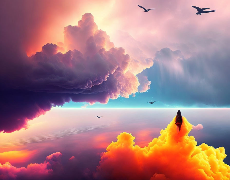 Vibrant orange clouds over serene landscape with silhouetted birds