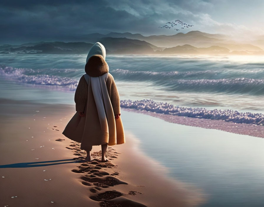 Mysterious figure on beach gazes at stormy sea