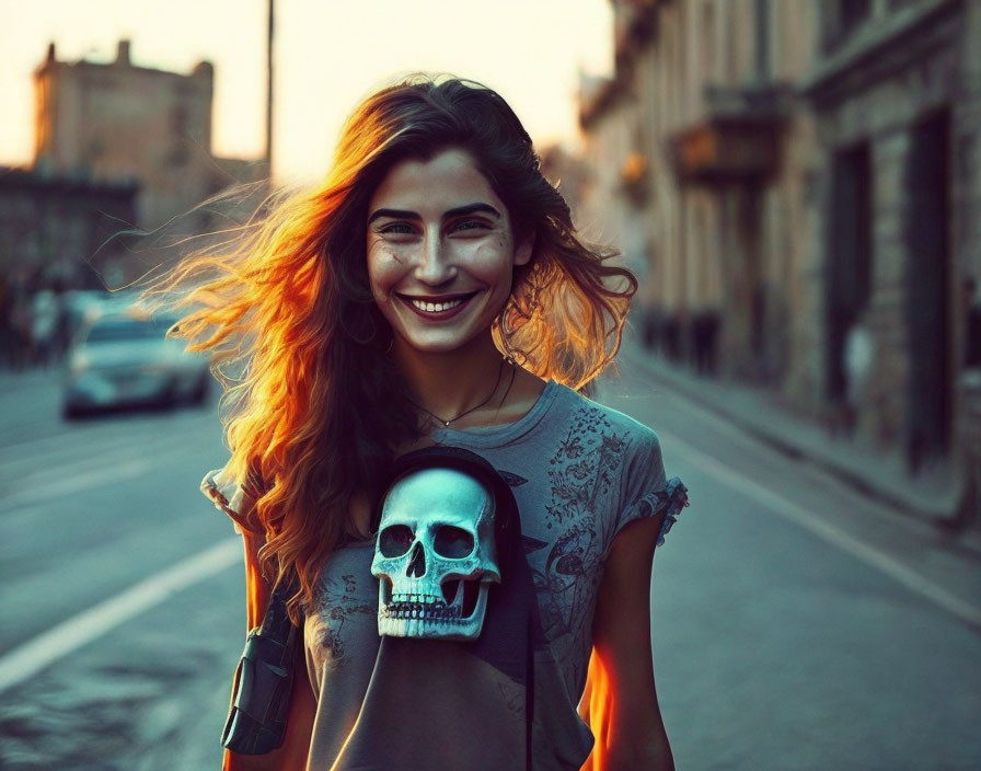 Smiling woman with wavy hair in graphic t-shirt on city street