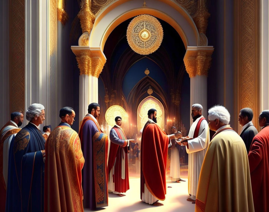 Individuals in ceremonial robes convene in ornate hall for ritual under intricate ceiling design.