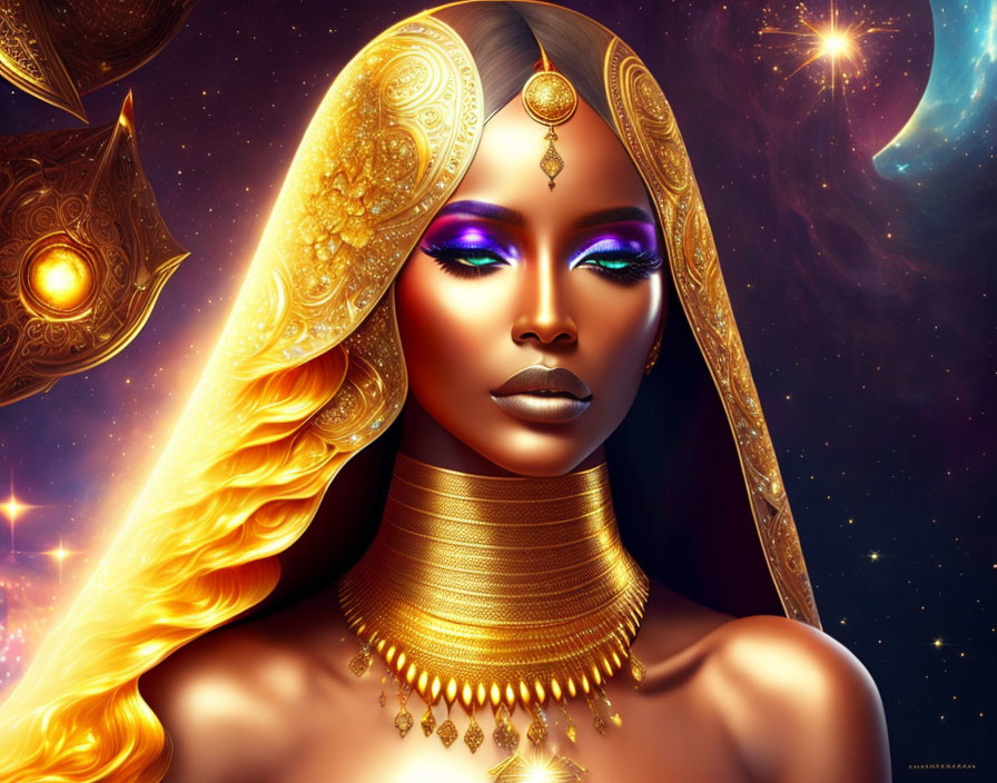 Vibrant digital artwork: Woman with golden hair, cosmic background