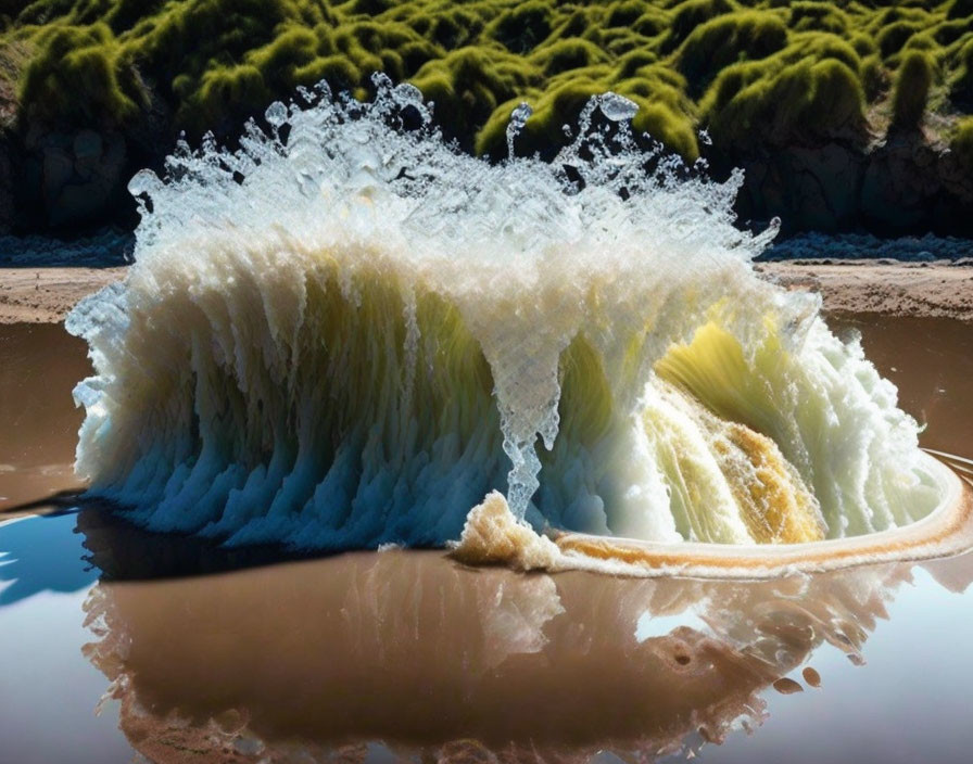 Energetic wave crashing in brown water against mossy backdrop