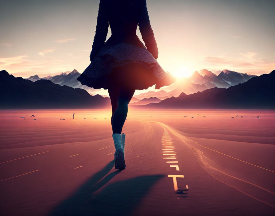 Woman walking on desert road at sunset with mountains and birds